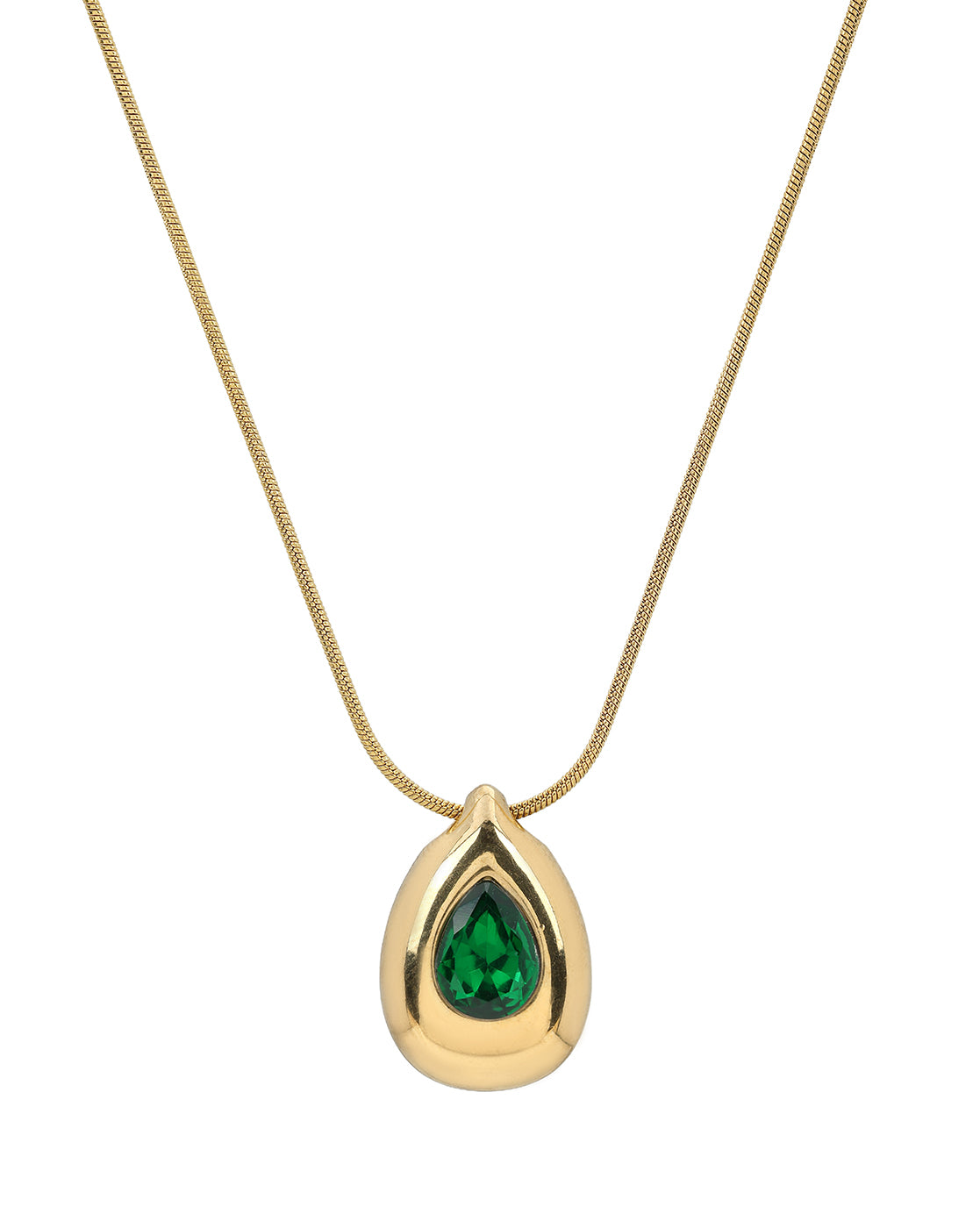 Gold Plated Emerald Green Studded Teardrop Pendant and Snake Chain