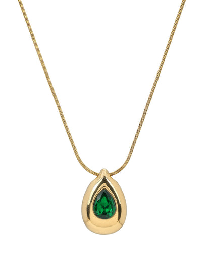 Gold Plated Emerald Green Studded Teardrop Pendant and Snake Chain