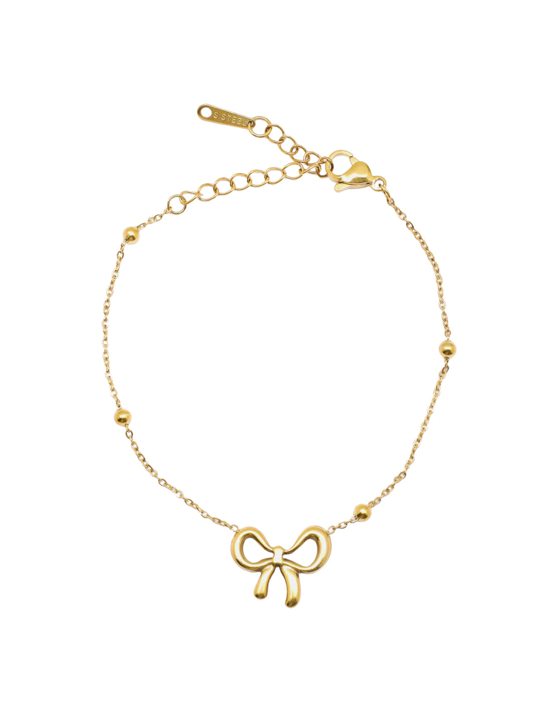 Gold Plated Bow or Ribbon Charm with Beaded Accent Adjustable Bracelet
