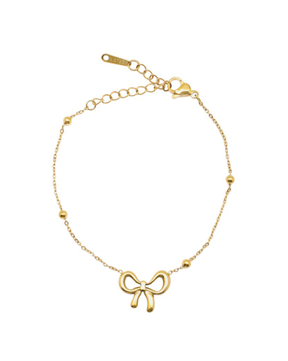 Gold Plated Bow or Ribbon Charm with Beaded Accent Adjustable Bracelet