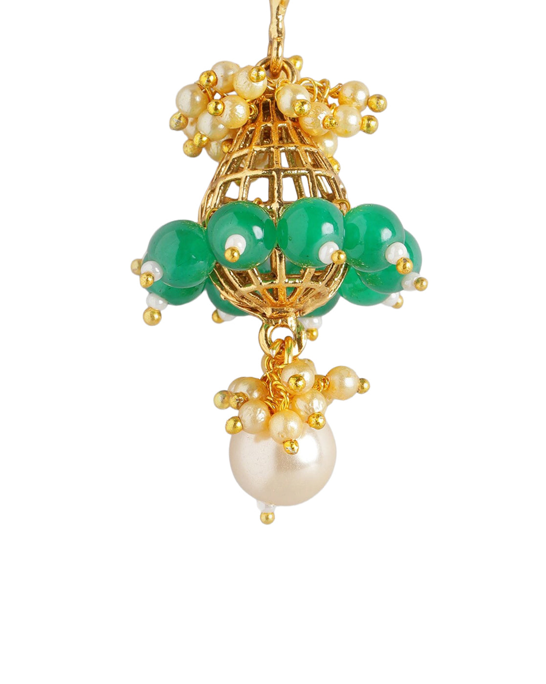 Gold Plated Ethnic Statement Earrings with Pearl &amp; Green Beads