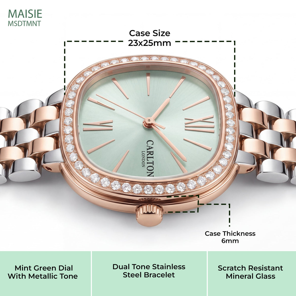 Carlton London Maisie Women’s Watch - Mint Green Rectangle Dial, Dual Tone Stainless Steel Strap - MSDTMNT