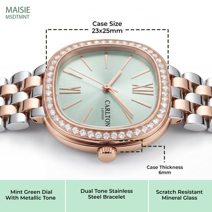 Carlton London Maisie Women’s Watch - Mint Green Rectangle Dial, Dual Tone Stainless Steel Strap - MSDTMNT