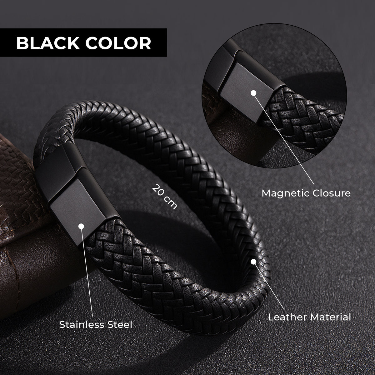 Men Black Leather Terra Band Bracelet  - CLJW-38