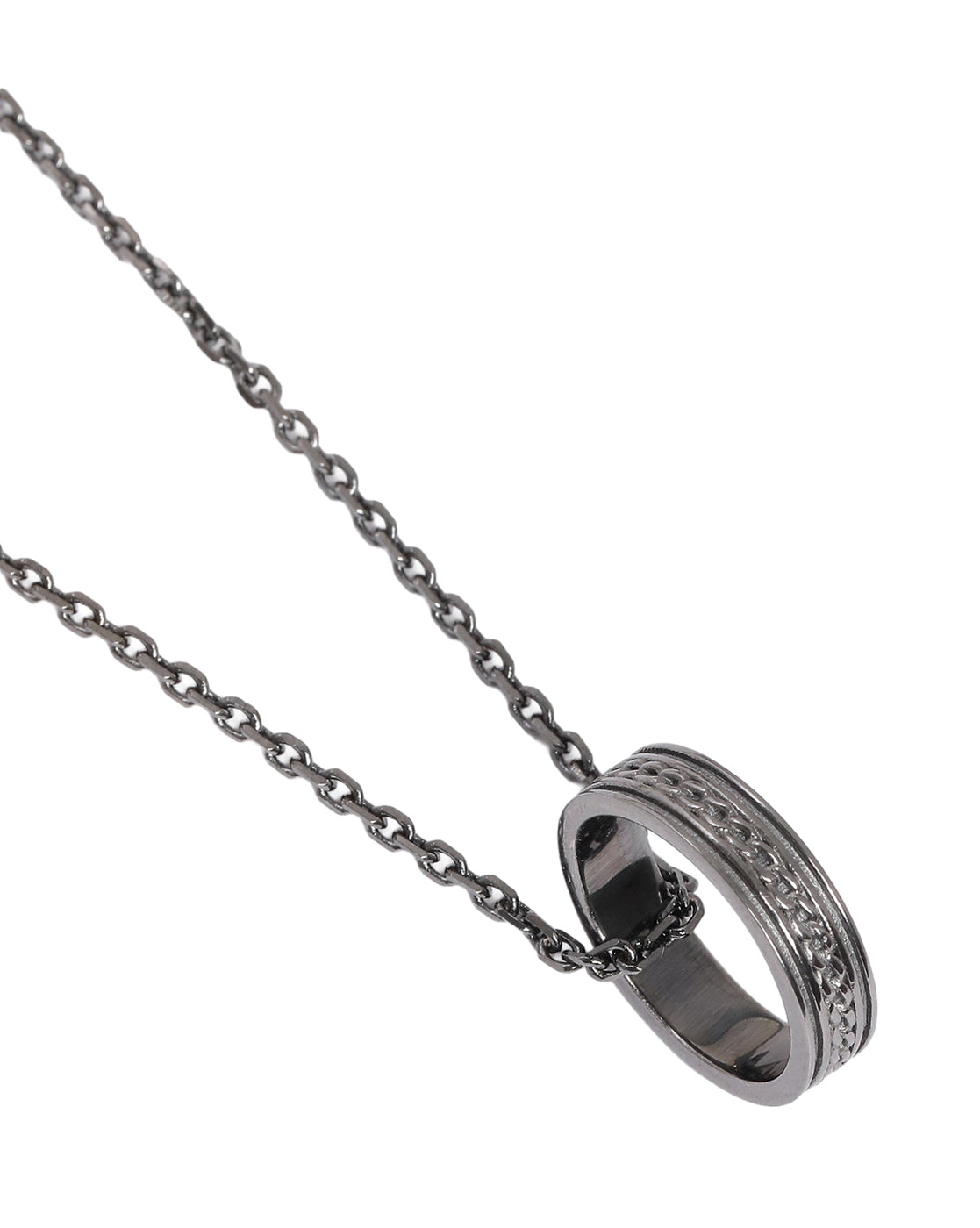 Men Silver Plated Oxidised Ring Pendant and Chain