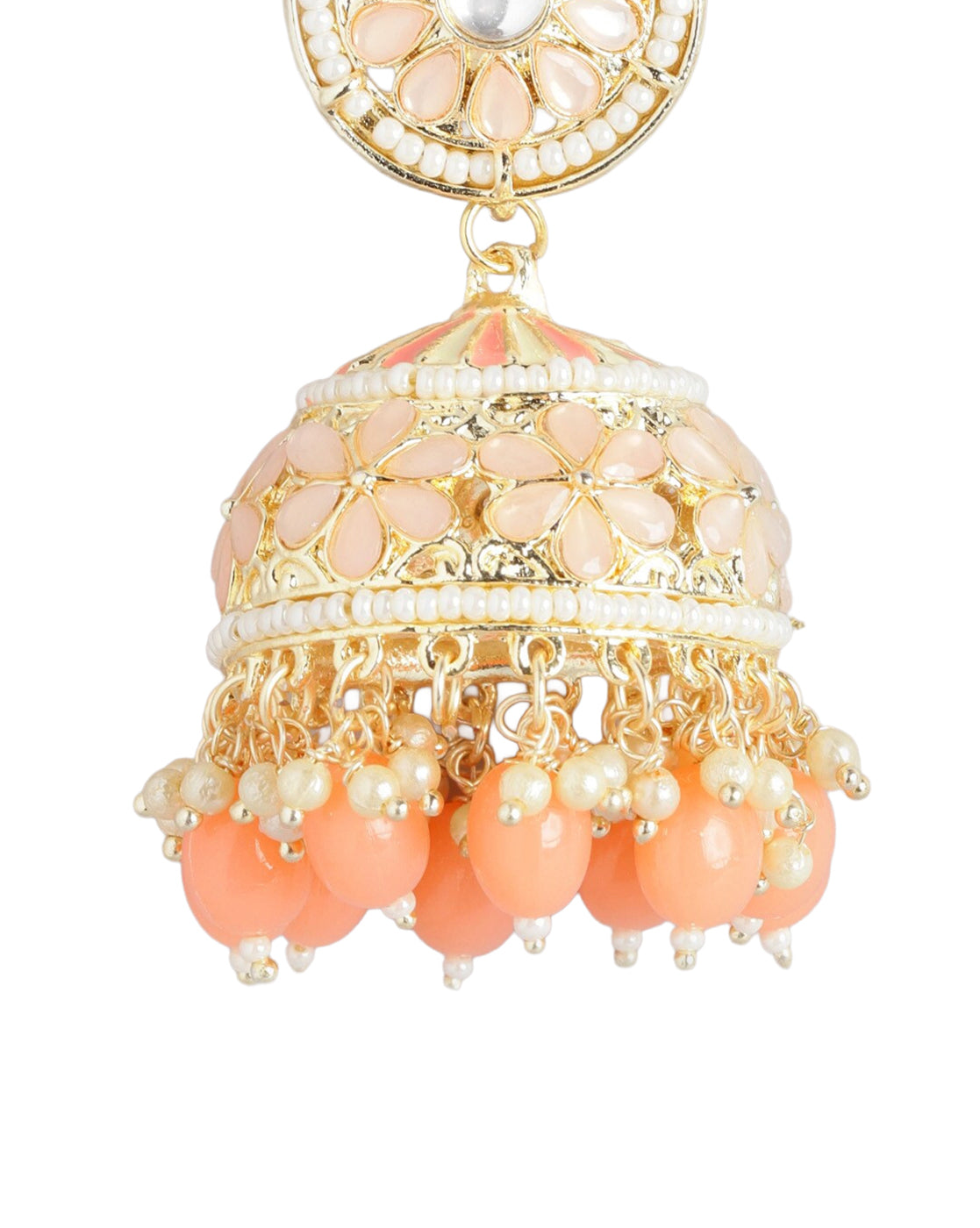 Gold Plated Kundan Lattice Jhumka Earrings with Peach Teardrop Bead Drops