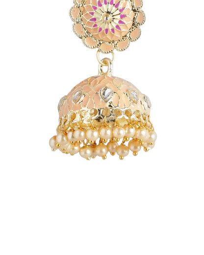 Gold Plated Kundan and Pearl Peach Enamel Dome Jhumka Earring