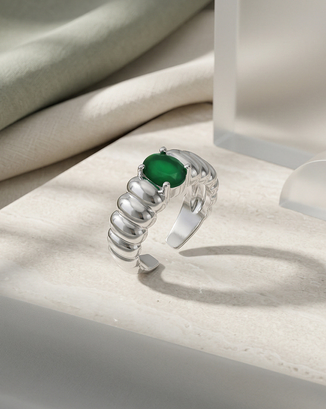 Rhodium Plated Emerald Blue Stone Adjustable Ring