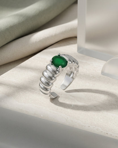 Rhodium Plated Emerald Blue Stone Adjustable Ring