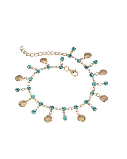 Rose Gold Plated Sea Shell and Turquoise Blue Studded Charm Anklet