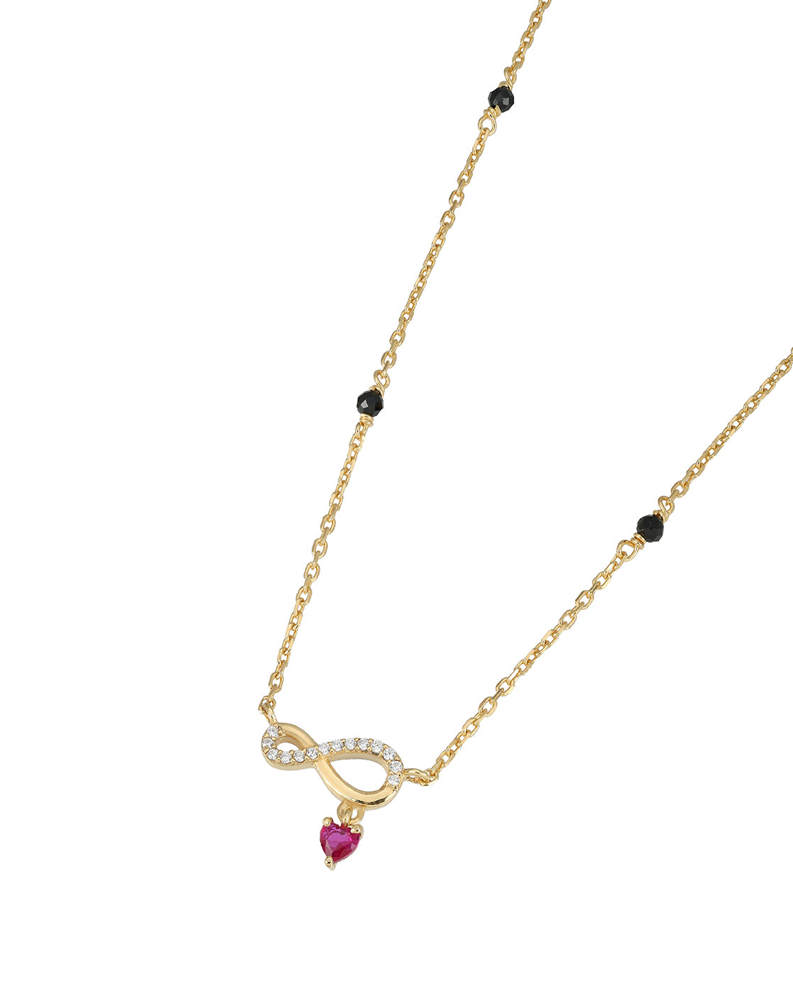 925 Sterling Silver 18kt Gold Plated Natural black bead Infinity with Heart CZ Mangalsutra