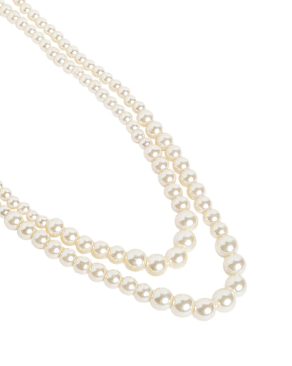 Gold Plated Double Strand Graduating Pearl Necklace with Earring Set