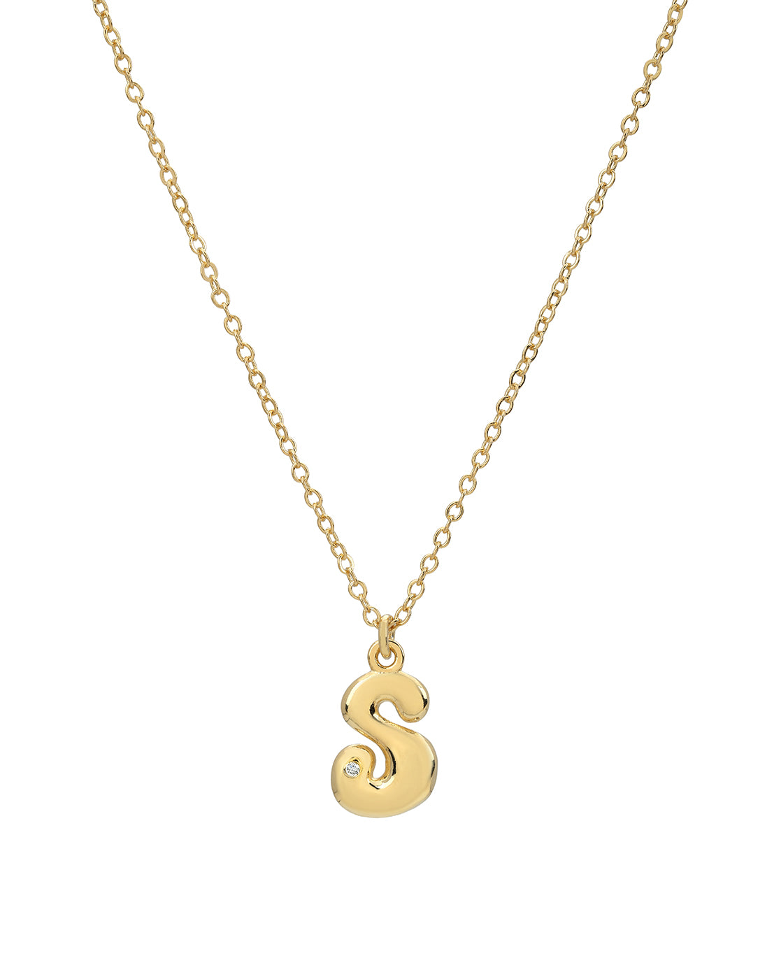 18kt Gold Plated CZ Bubble Letter S Pendant and Chain