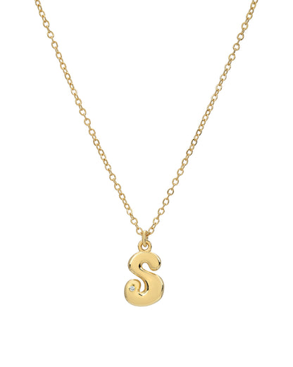 18kt Gold Plated CZ Bubble Letter S Pendant and Chain