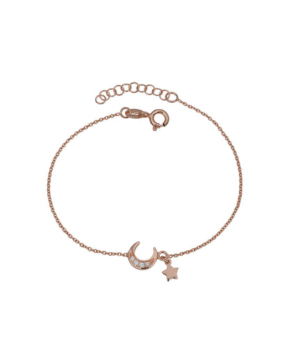 925 Sterling Silver 18kt Rose Gold Plated CZ Moon and Star Charm Bracelet