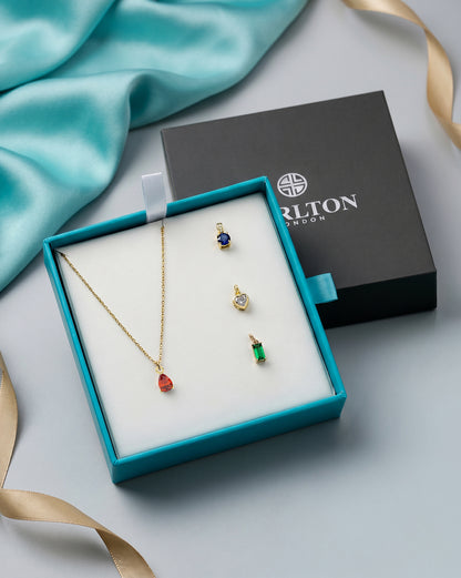 18kt Gold Plated CZ-Heart-Teardrop-Baguette &amp; Round Interchangeable Solitaire Pendant with Chain Necklace