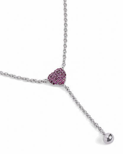 Rhodium Plated Ruby Red Heart Y-Necklace Lariat