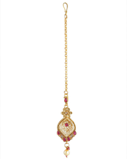 Gold Plated Festive CZ Filigree Necklace, Earring and Maang Tika Set