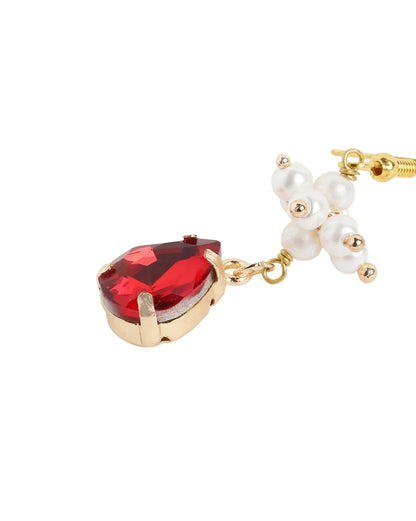 Gold Plated Pearl and Dangling Red Crystal Teardrop Earring