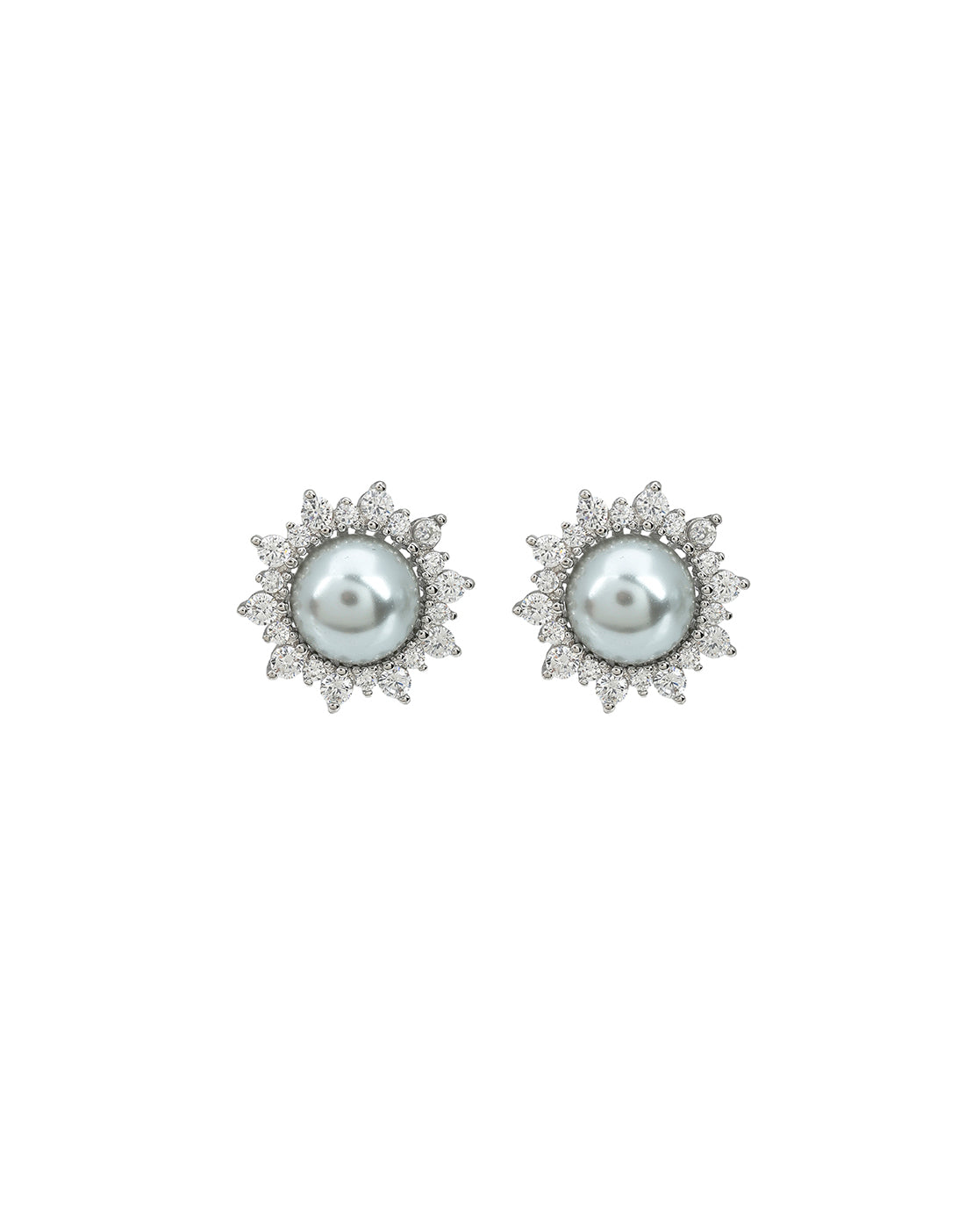 Silver Plated CZ Studded Pearl Halo Floral Stud Earring