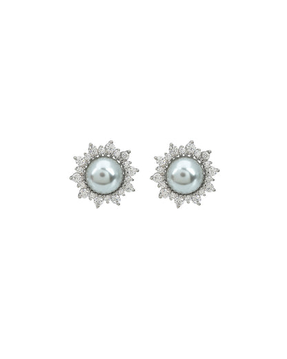 Silver Plated CZ Studded Pearl Halo Floral Stud Earring