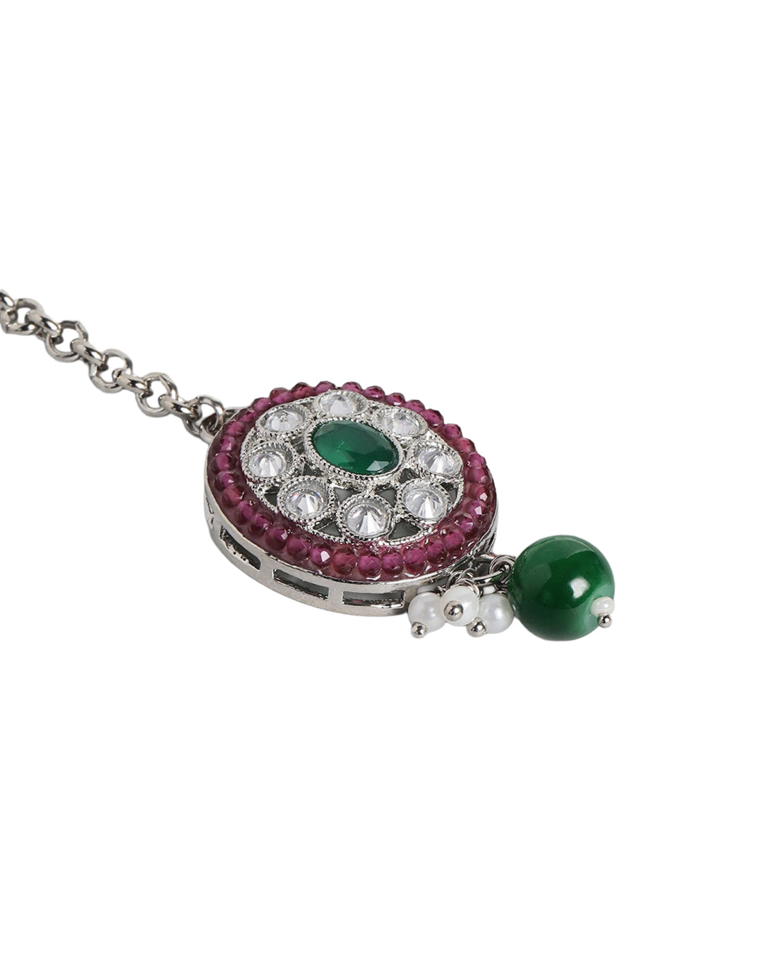 Silver Plated Emerald Green &amp; Ruby Pink Stone Maang Tikaa and Earring Set