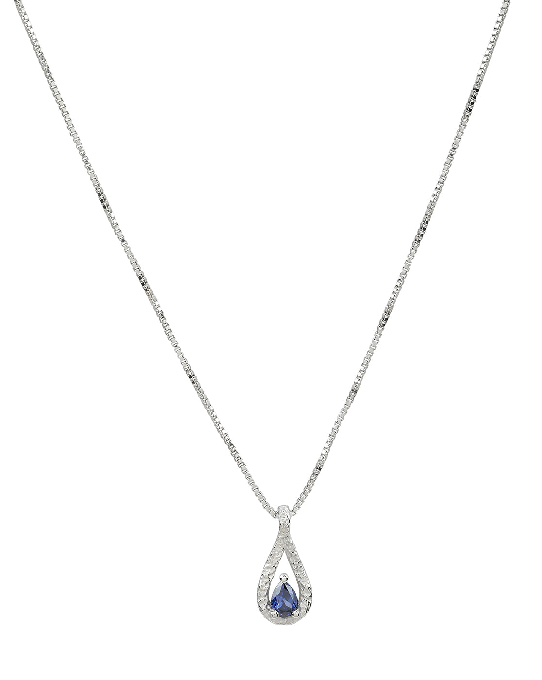 925 Sterling Silver Rhodium Plated Sapphire Blue Studded Teardrop Pendant and Chain