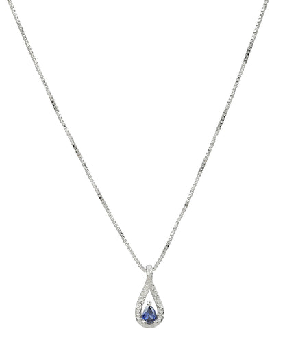 925 Sterling Silver Rhodium Plated Sapphire Blue Studded Teardrop Pendant and Chain