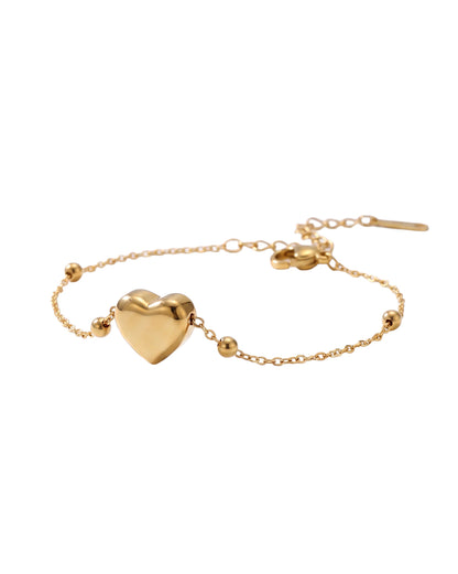 Gold Plated Puff Heart Charm Adjustable Bracelet