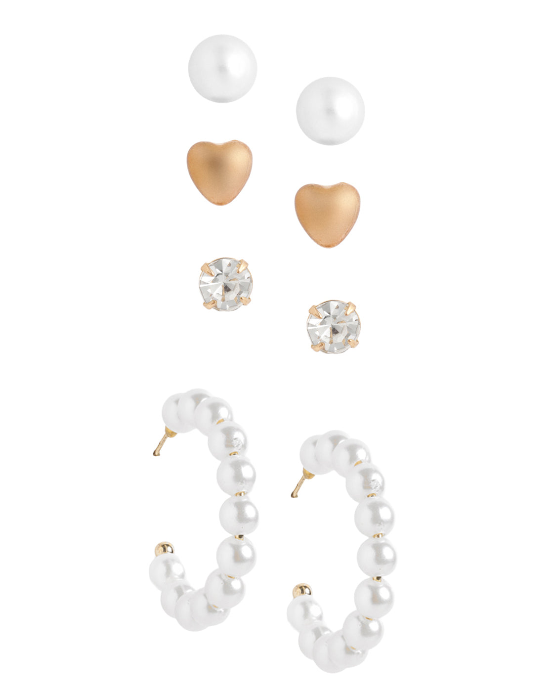 Multipack Set of 9 Gold Plated CZ and Pearl Heart Circular Stud and Hoop Earring