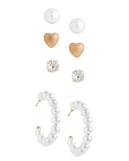 Multipack Set of 9 Gold Plated CZ and Pearl Heart Circular Stud and Hoop Earring