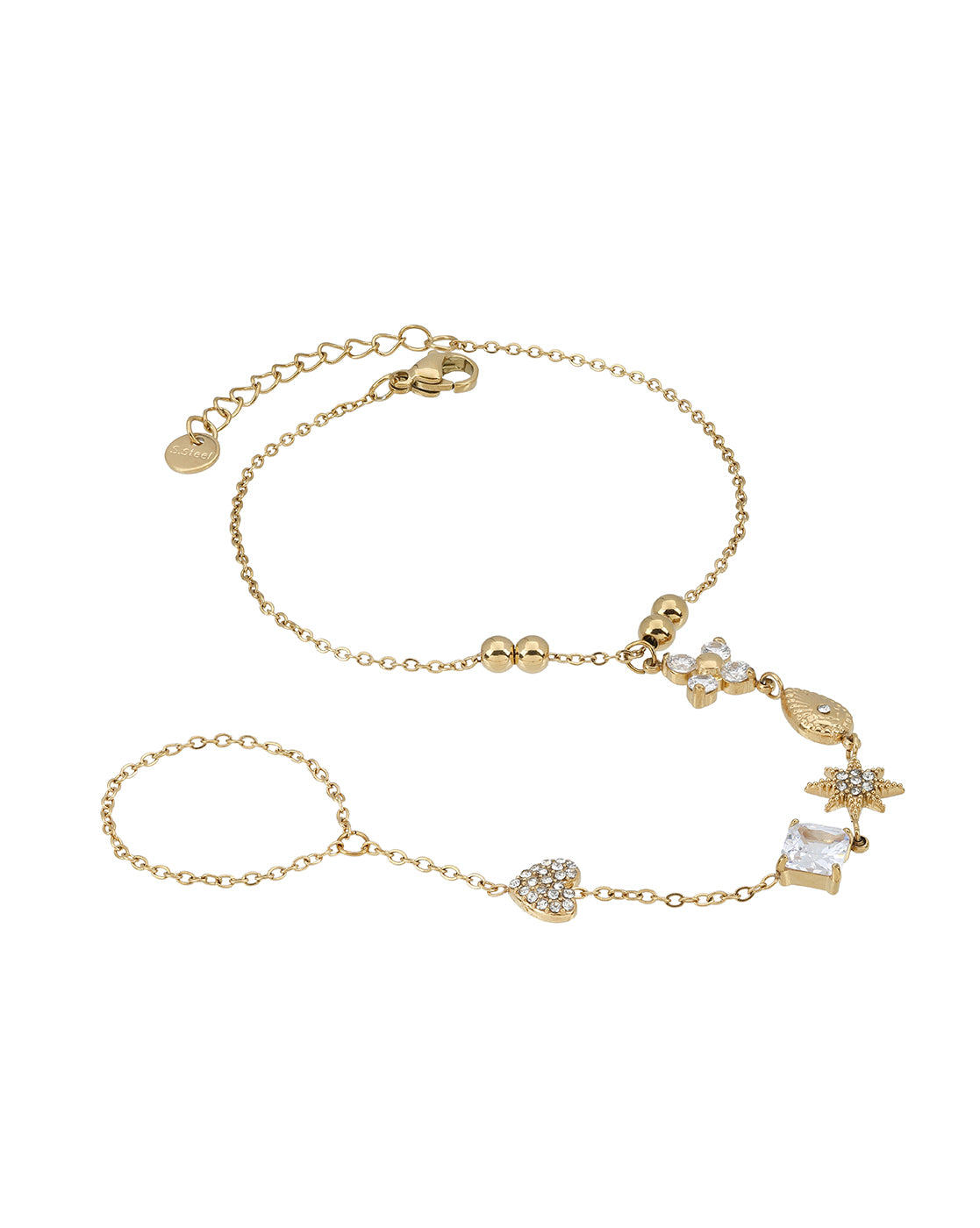 Premium Gold Plated CZ Studded Floral,Heart, Star,Tear Drop &amp; Cushion Solitaire Hand Chain Bracelet