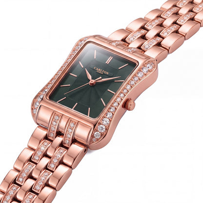 Carlton London Vivienne Women’s Watch - Green Rectangle Dial, Rose Gold Stainless Steel Strap - CLVVRGRN