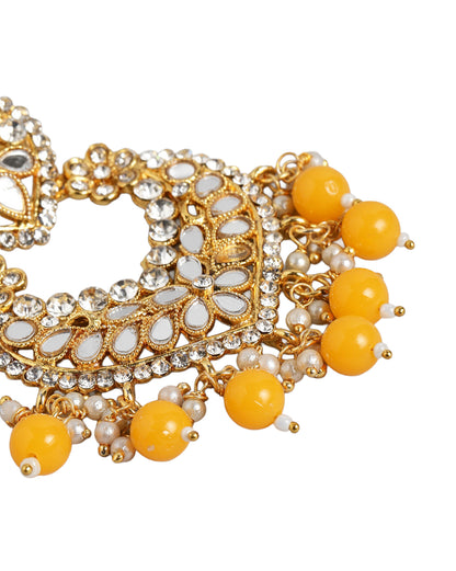Gold Plated Mirror-Detail Chandbali Earrings with Yellow Bead Drops