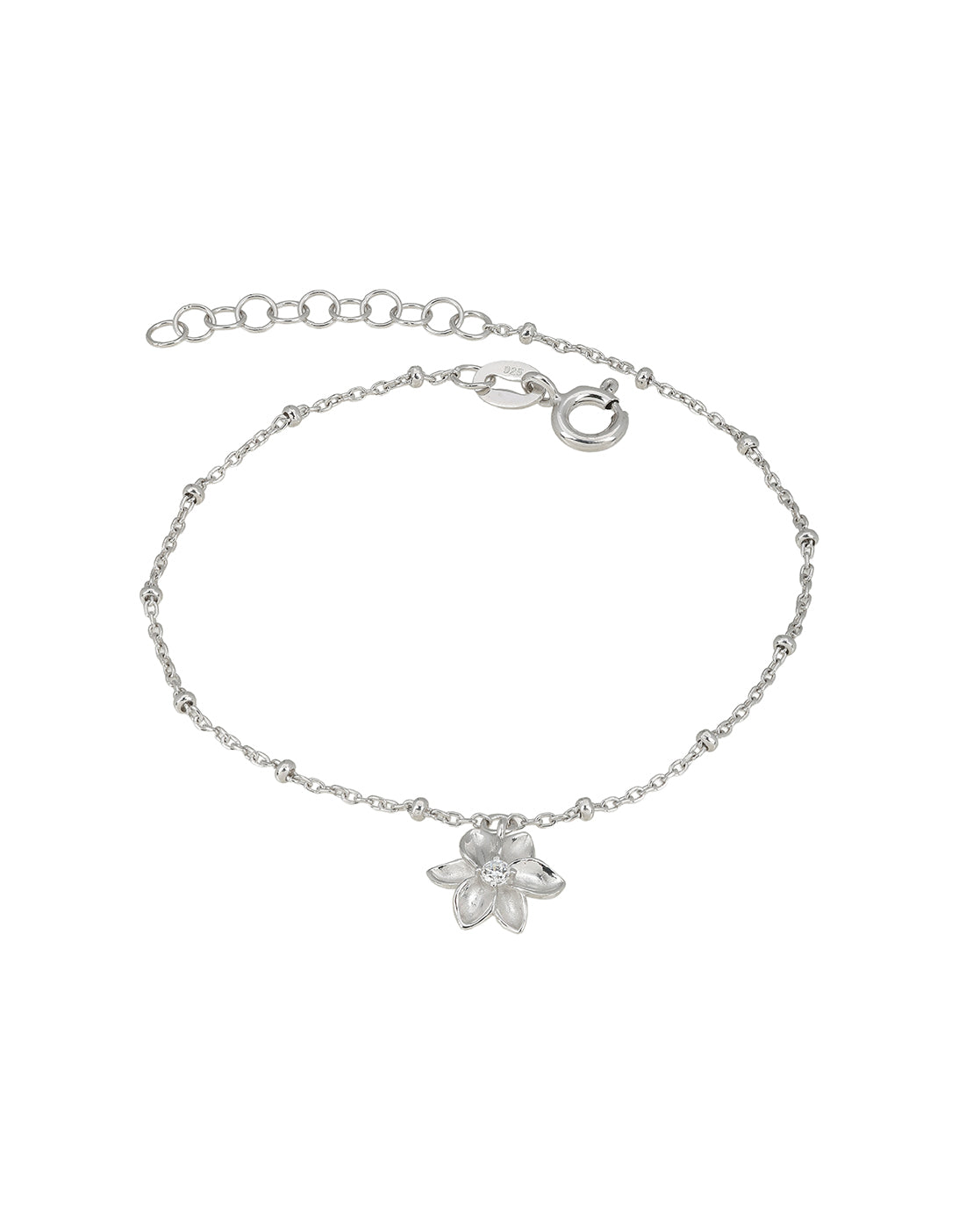 925 Sterling Silver Rhodium Plated CZ Floral Charm Adjustable Bracelet