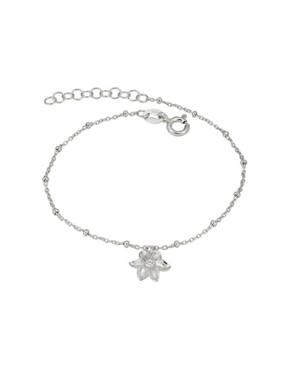 925 Sterling Silver Rhodium Plated CZ Floral Charm Adjustable Bracelet