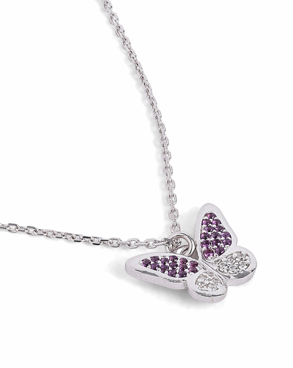 Rhodium Plated Amethyst CZ Studded Butterfly Pendant and Chain Necklace