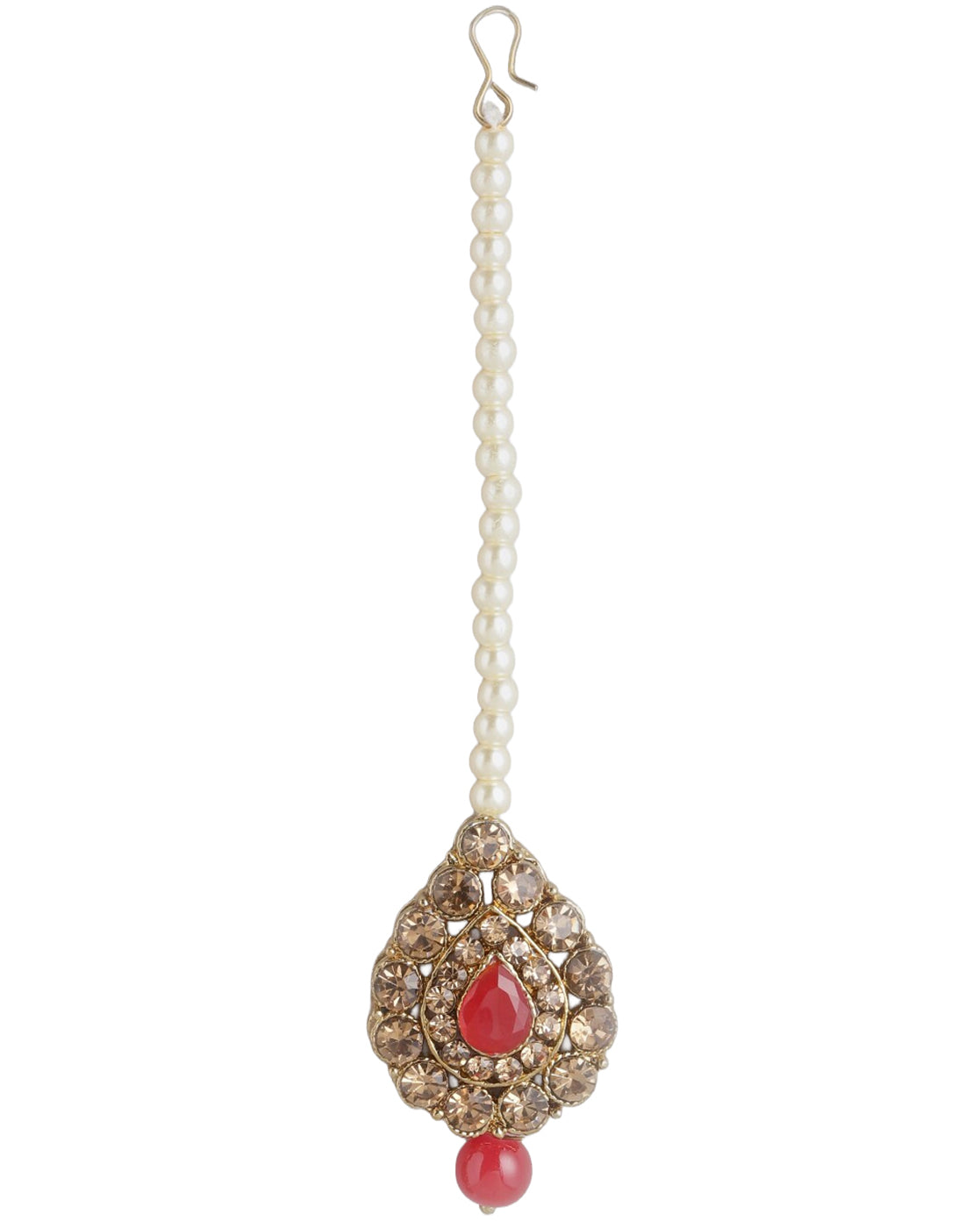 Gold Plated CZ, Pearl &amp; Red Beaded Necklace, Earrings &amp; Maang Tika Set