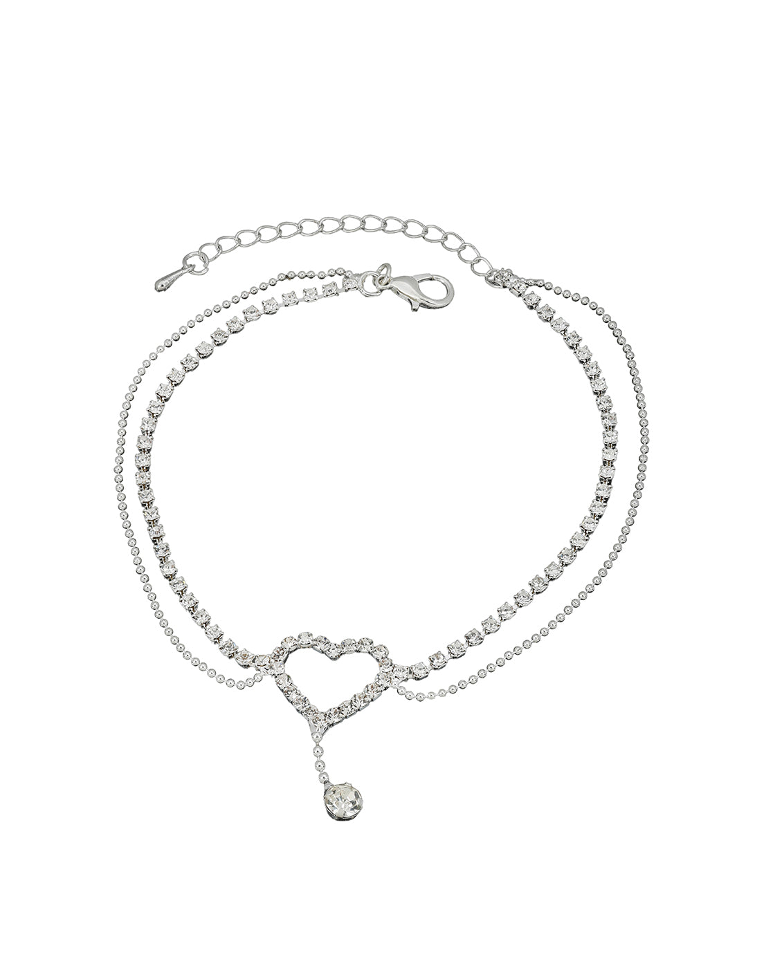 Silver Plated CZ Studded Heart and Dangling Solitaire Layered Anklet