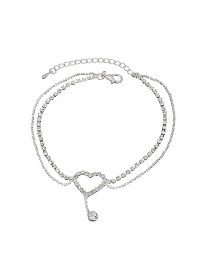 Silver Plated CZ Studded Heart and Dangling Solitaire Layered Anklet