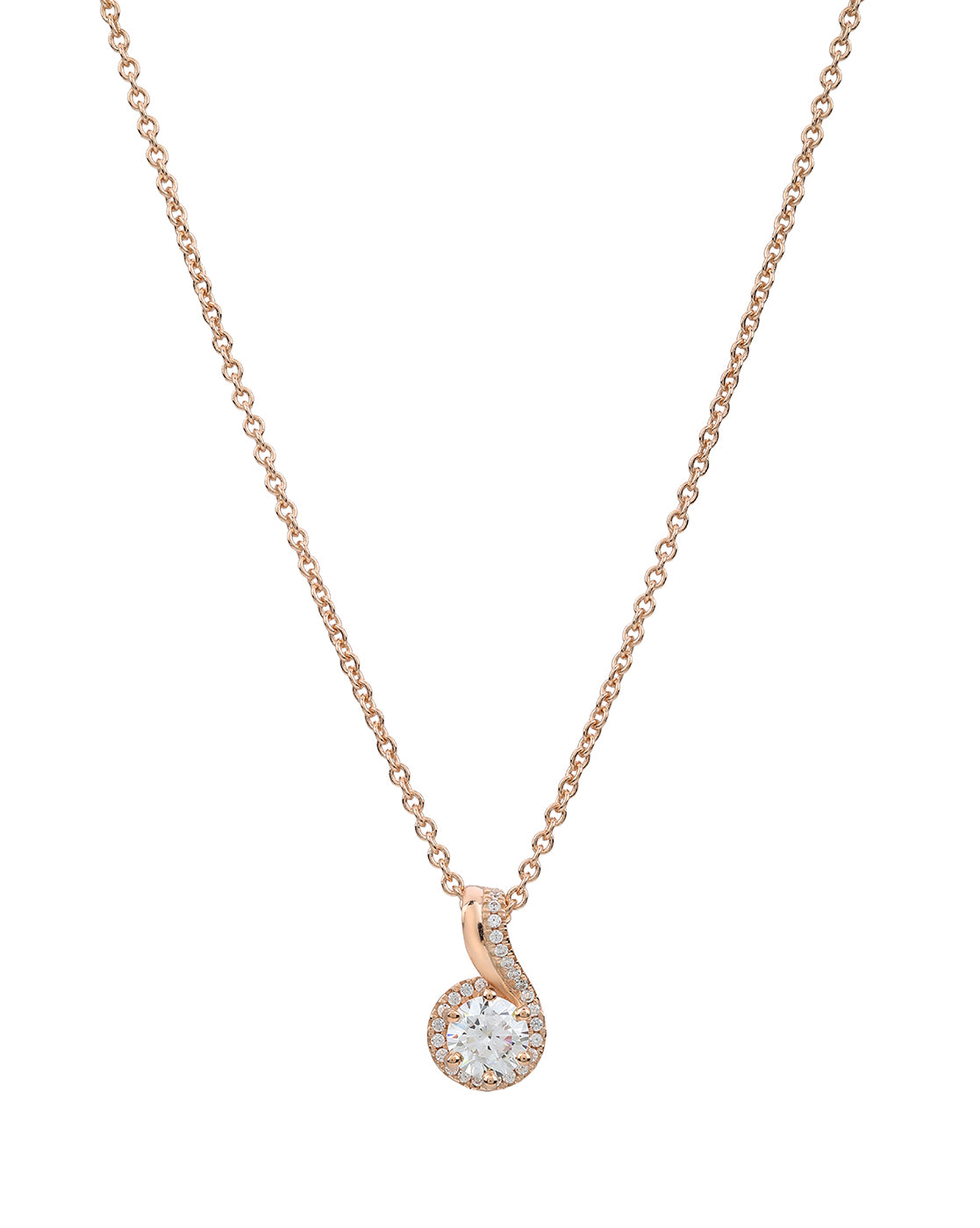 18KT Rose Gold Plated CZ Solitaire Swirl Pendant with Chain