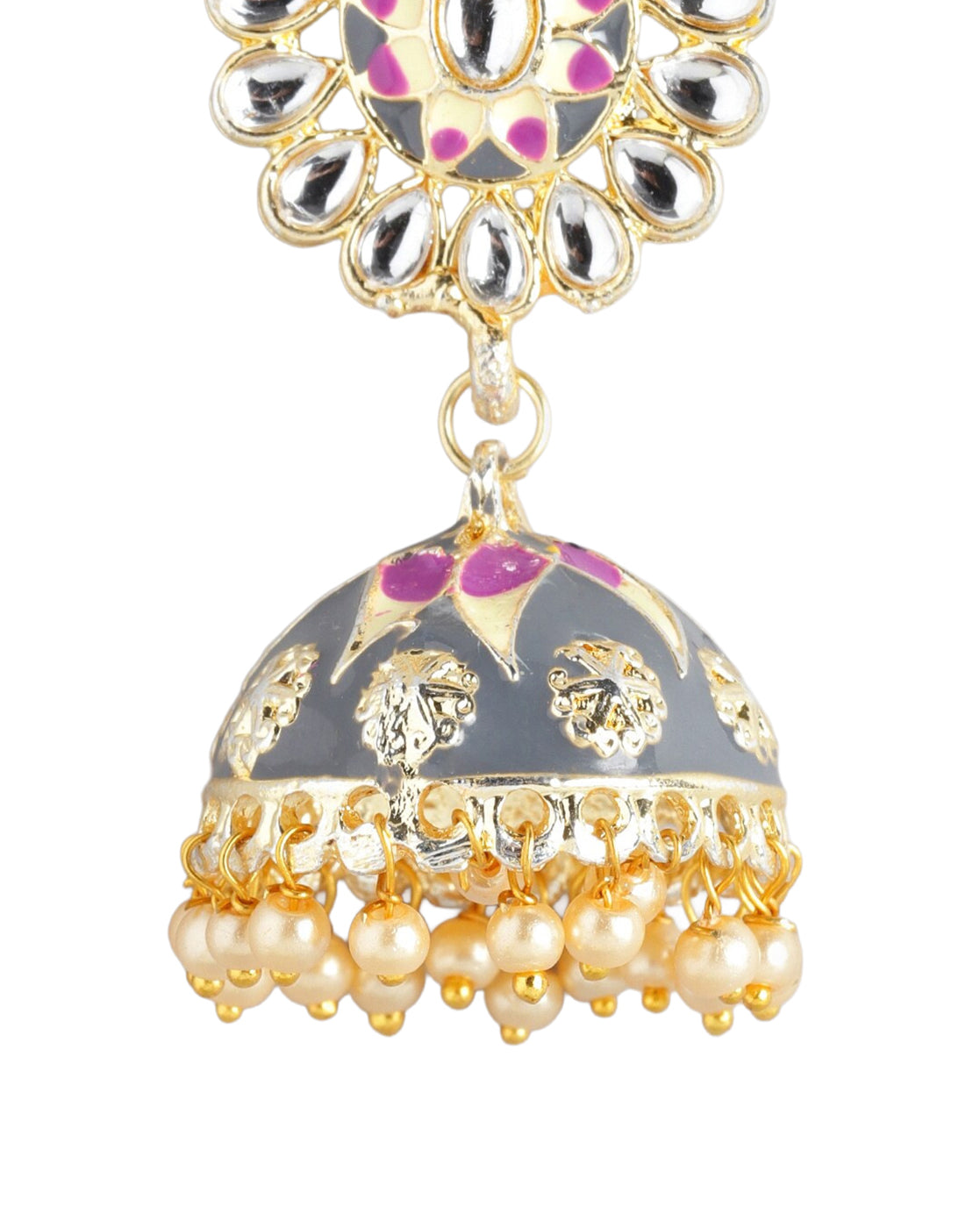 Gold Plated Polki Kundan Studded Enamel Jhumka Earring