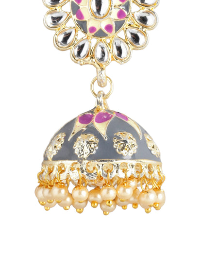 Gold Plated Polki Kundan Studded Enamel Jhumka Earring