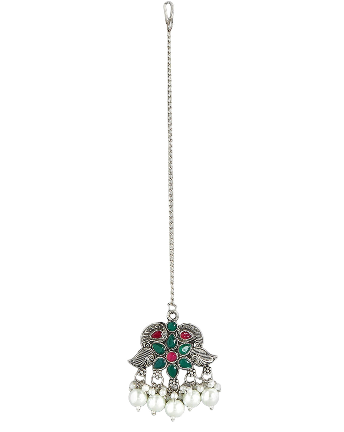 Silver Plated Oxidised Pearl &amp; Red Green Stone Studded Jewellery Set