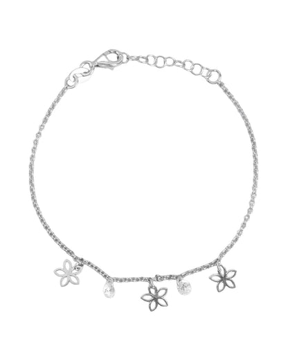 925 Sterling Silver Rhodium-Plated CZ Studded Floral Charm Bracelet