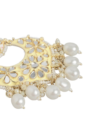 Gold Plated Mirror Studded Enamel &amp; Pearl Chandbali Earrings