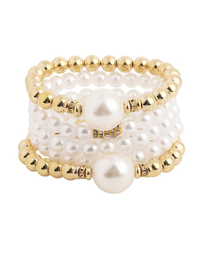 Set of 5 Gold Toned Pearl and Bead Stretchable Bracelet Multipack Set