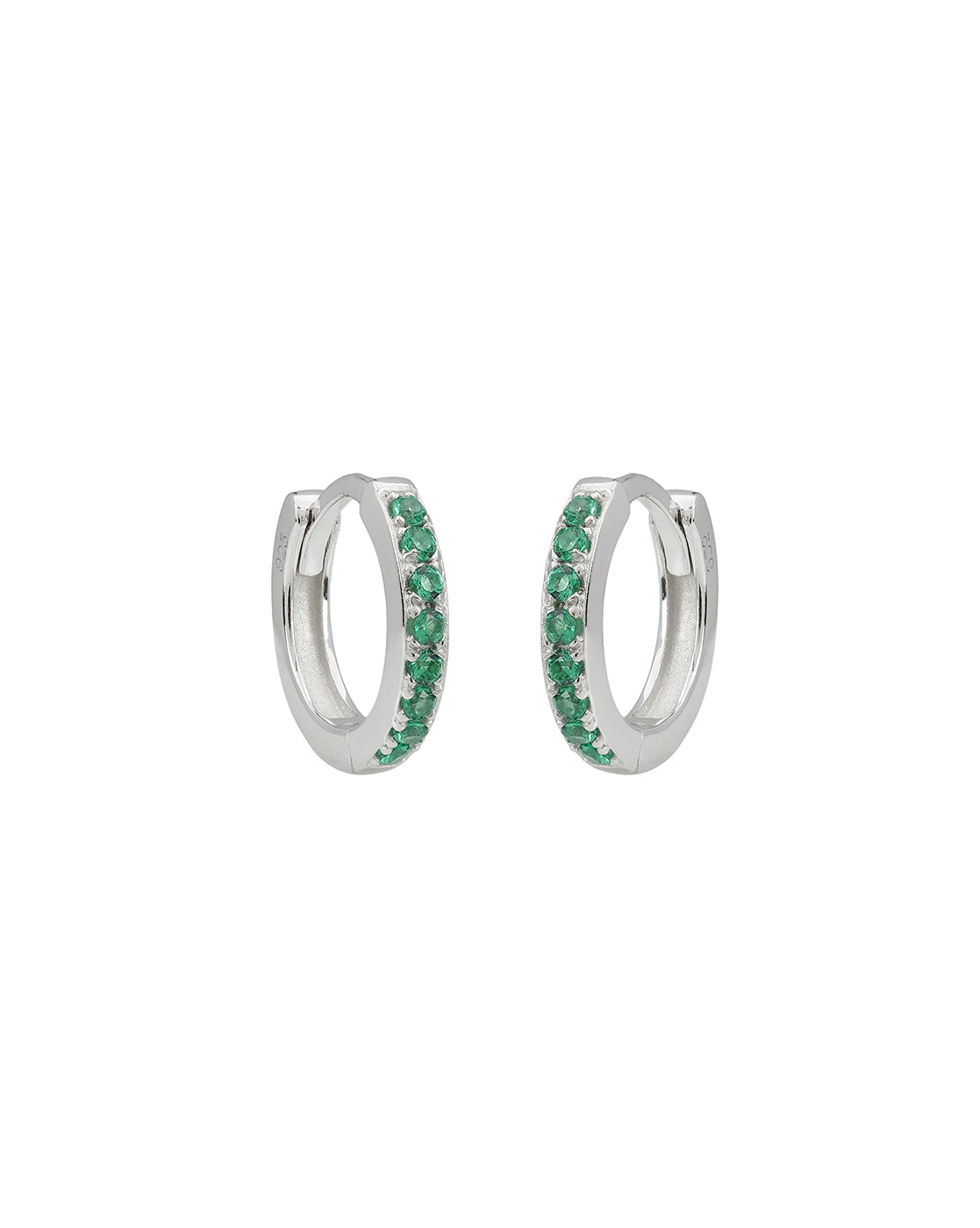 925 Sterling Silver Rhodium Plated Emerald Green CZ Studded Mini Hoop Earring