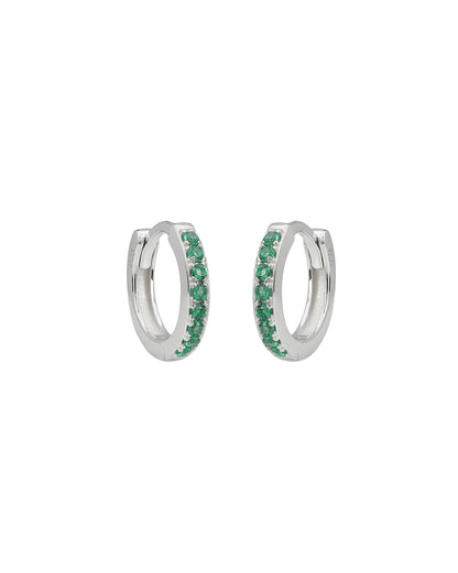 925 Sterling Silver Rhodium Plated Emerald Green CZ Studded Mini Hoop Earring