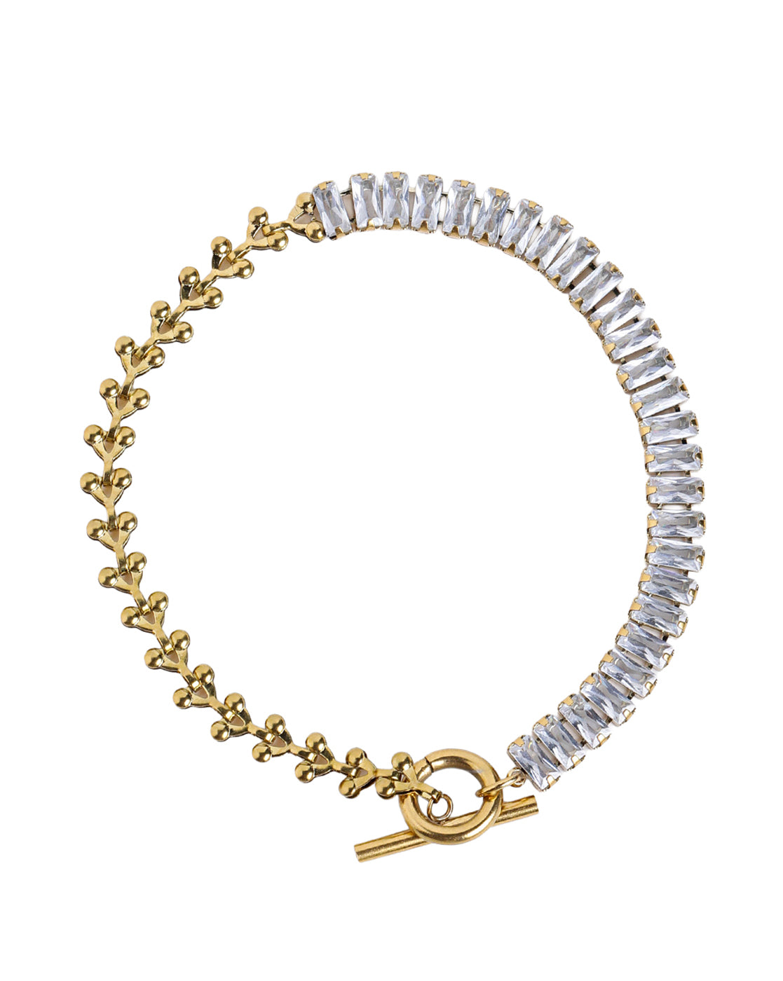 Gold Plated Fancy Half-n-Half Baguette CZ &amp; Fancy Link Chain Toggle Designer Bracelet